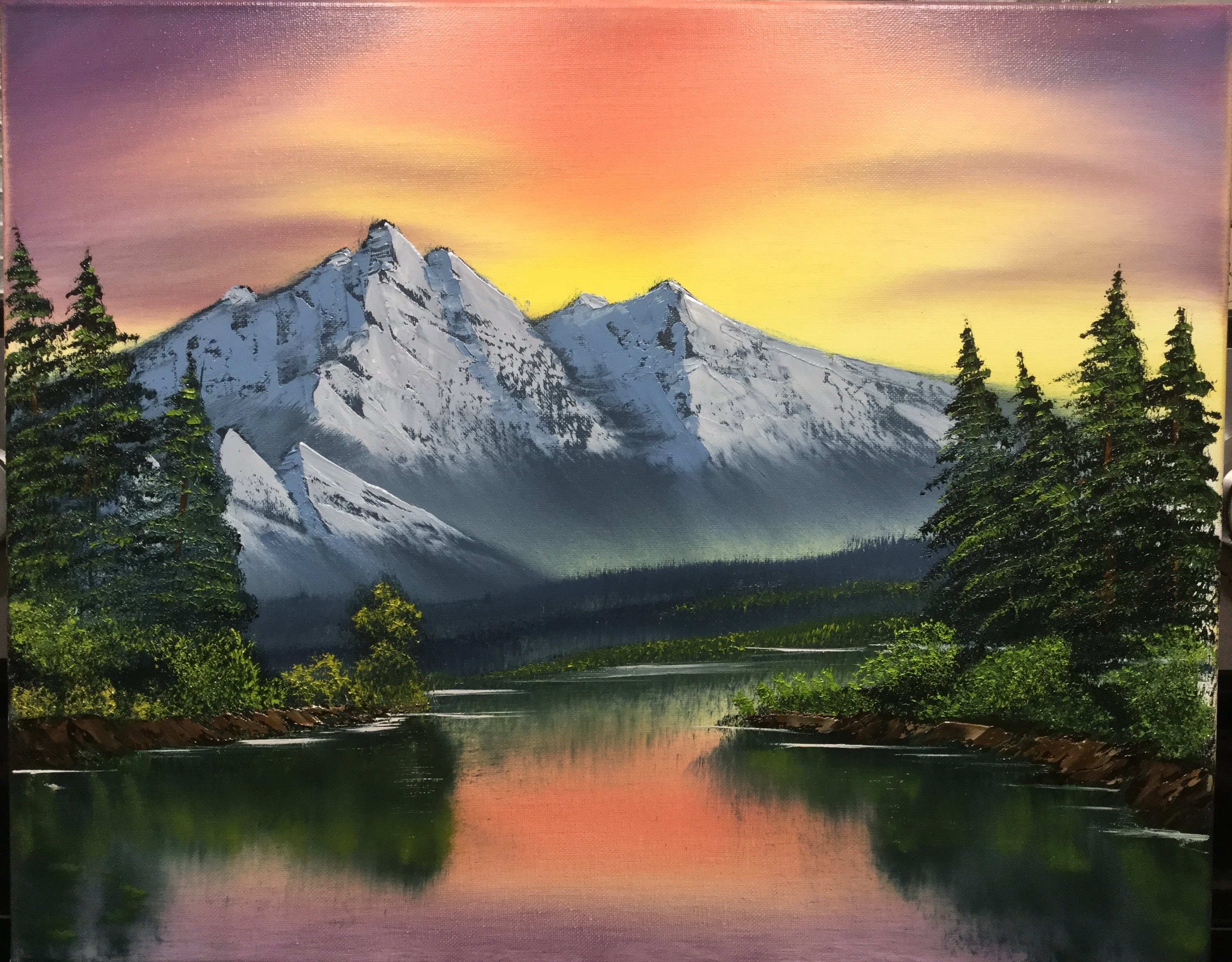 Gray Mountain. Painting #42. Vibrant Sky, Majestic Mountain, and Lush